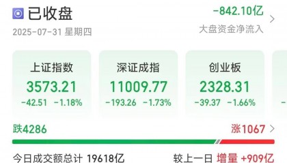 三大指数收跌超1％，沪指失守3600点，超4200只个股下跌